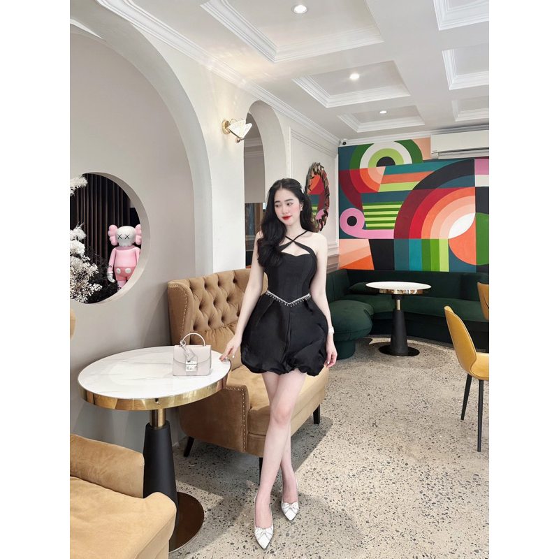 Váy Tafta Cổ Yếm Viền Đá Bồng Hàng Thiết Kế Cao Cấp Mã GH159