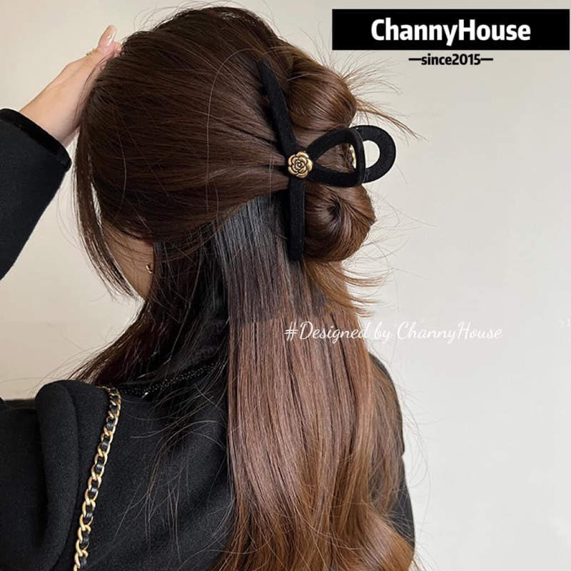 Kẹp ngoạm tóc cốt bọc full nhung đính hoa trà cao cấp [ CHANNYHOUSE ]