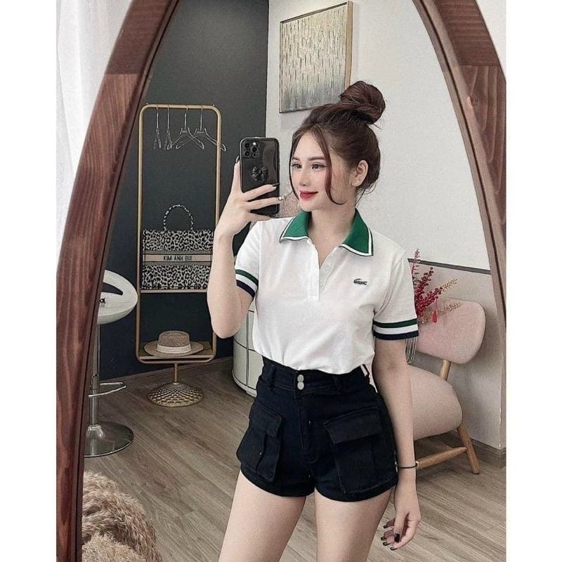 Áo polo nữ cổ bẻ viền xanh lá logo cá sấu thêu nổi hàng chuẩn vải mắt chim, ảnh chụp cận chất