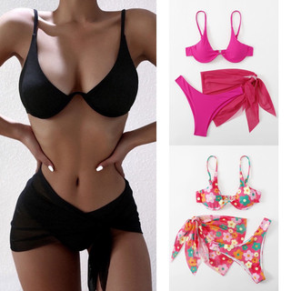 Set bikini 3 món hồng neon/hồng hoa màu kèm khăn hông