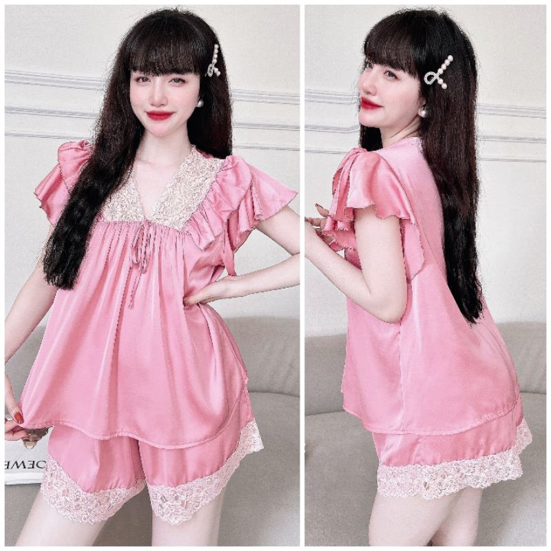 Đồ ngủ nữ pyjama tay ngắn quần đùi Mẫu Tay Xoè Lụa Latin Freesize 48kg đến 70kg