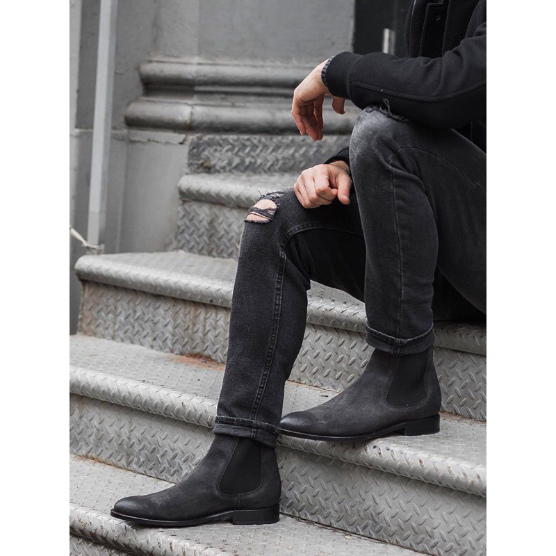 Giày nam chelsea boot da bò thật cao cổ TEFOSS HT350 ver.1 size 38-44-Da lộn mũi nhọn sang trọng,đế khâu