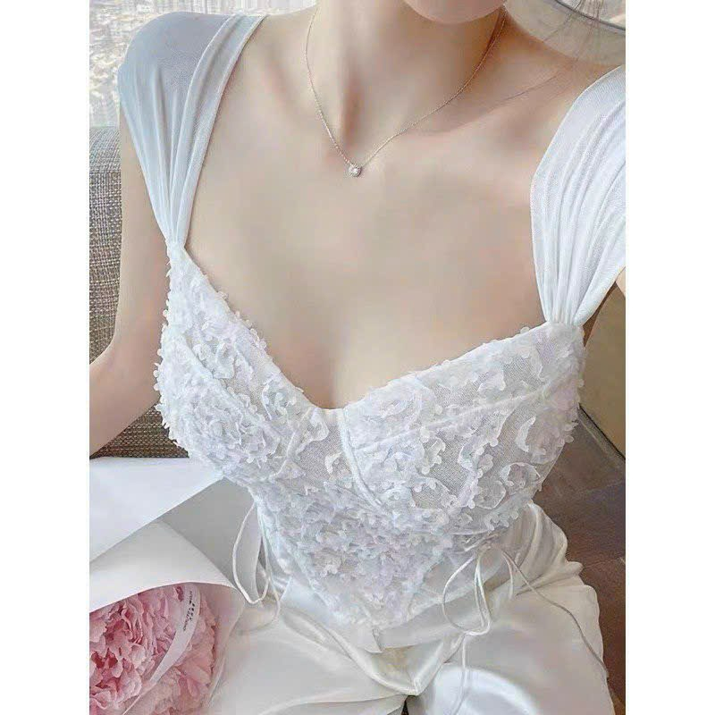 Áo bra corset ren hoa hồng tiểu thư dịu dàng, áo 2 dây croptop ren hoa hồng nổi sẵn mút ngực siêu xinh (có sẵn)