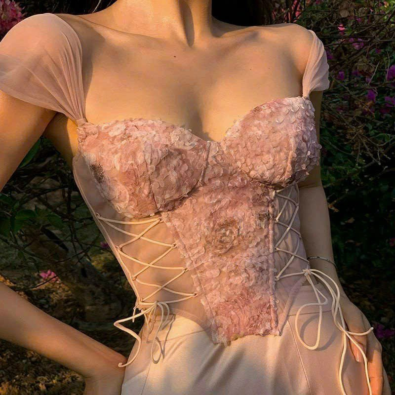 Áo bra corset ren hoa hồng tiểu thư dịu dàng, áo 2 dây croptop ren hoa hồng nổi sẵn mút ngực siêu xinh (có sẵn)