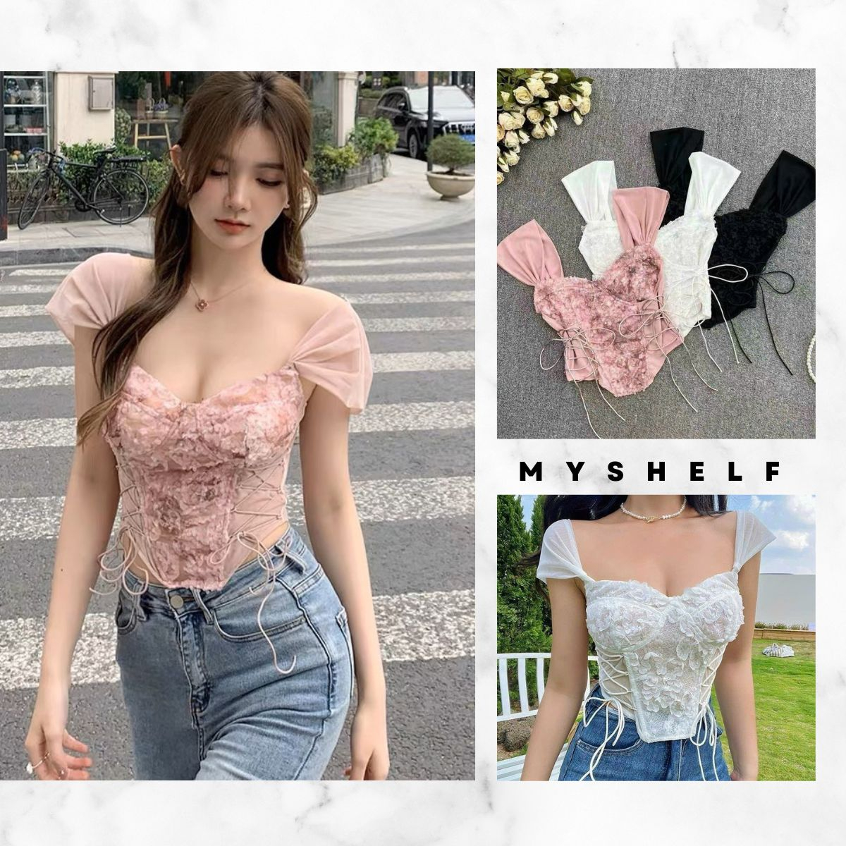 Áo bra corset ren hoa hồng tiểu thư dịu dàng, áo 2 dây croptop ren hoa hồng nổi sẵn mút ngực siêu xinh (có sẵn)