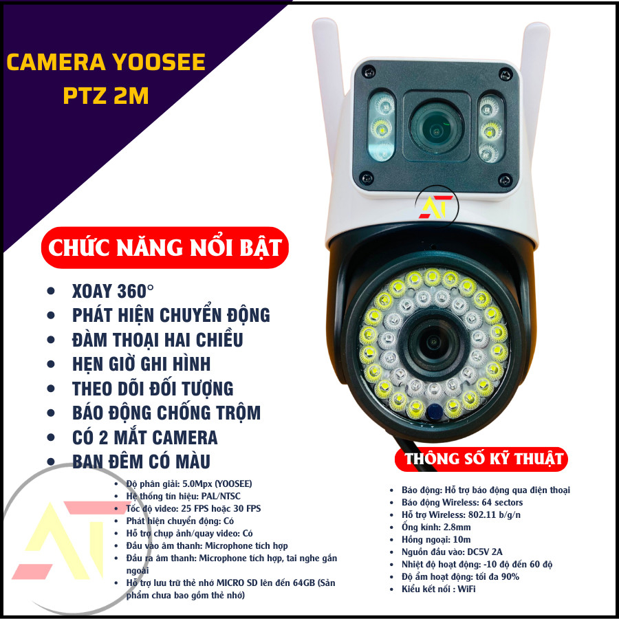 Camera Yoosee Wifi 2 Mắt giám sát Ngoài Trời Không Dây Ip66 Thông Minh chống nước an toàn AI - FHD 5.0mpx Siêu Nét mã 2M