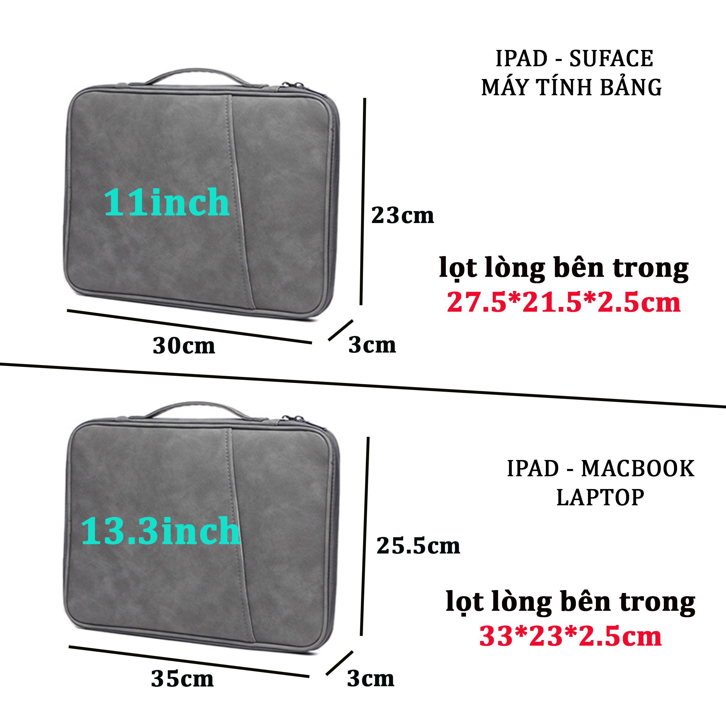 Túi đựng Ipad Macbook Laptop chống sốc 13inch, 2 ngăn đựng có qoai xách
