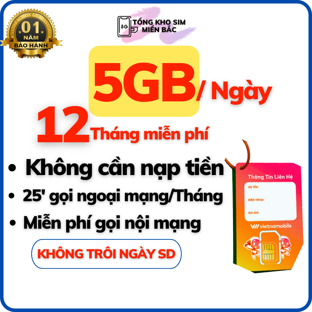 Sim 4G Vietnamobile TK có sẵn 660k Trọn Gói 1 Năm (5GB/Ngày), Đăng ký chính chủ- không cần nạp tiền- nghe gọi miễn phí