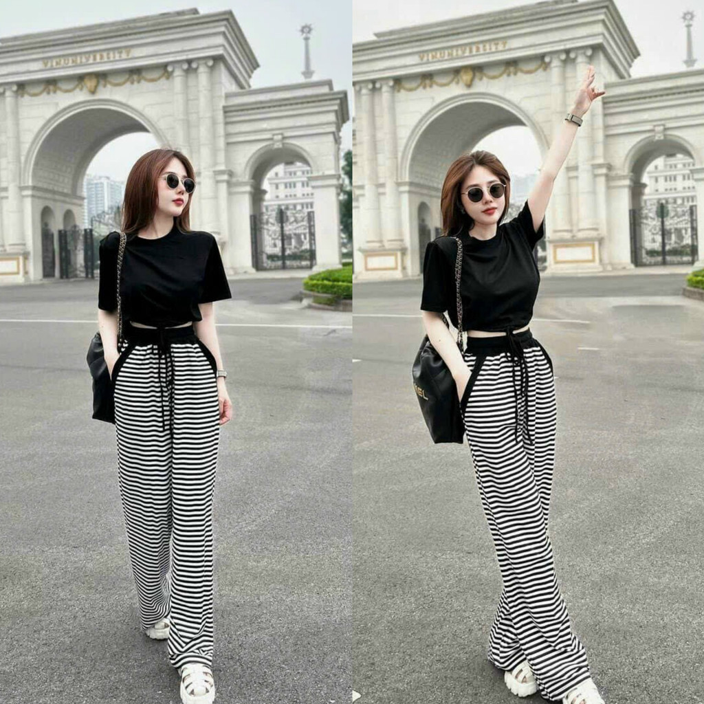Set bộ thun gân áo ngắn thun eo cổ tròn mix quần dài form rộng sanh chảnh cá tính [679]