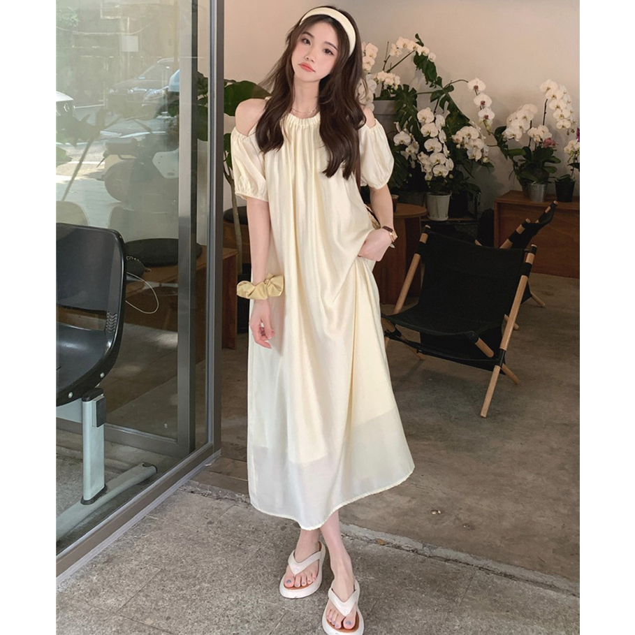 Đầm maxi cổ chun tay ngắn thiết kế hở vai nữ tính, váy maxi tay ngắn phồng khuyết vai phong cách Hàn Quốc 9728