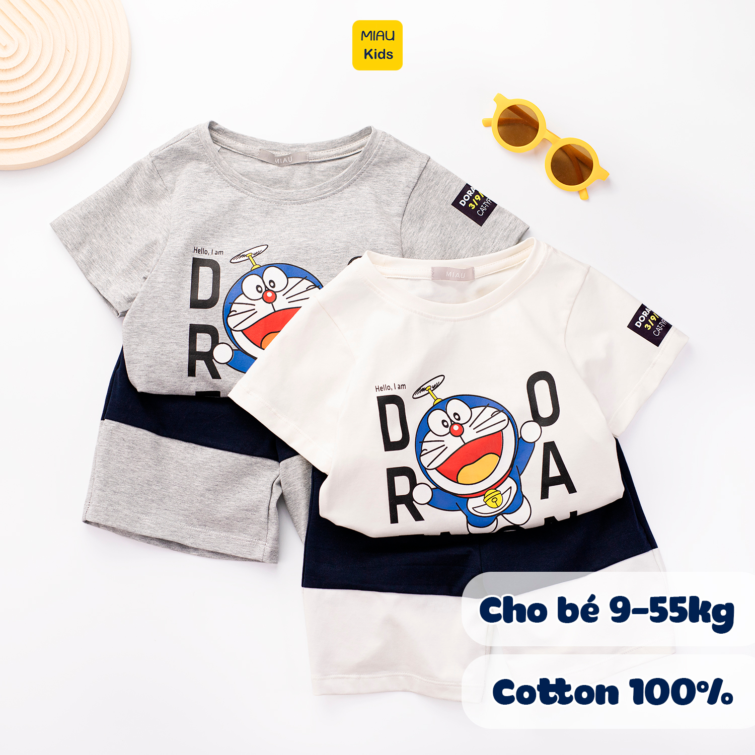Bộ Quần Áo Bé Trai In Hình Chu Mèo Máy Doraemon Vui Nhộn Đáng Yêu, Thun Cotton Mát Mịn Cho Bé Đến 55Kg Mặc Đi Học