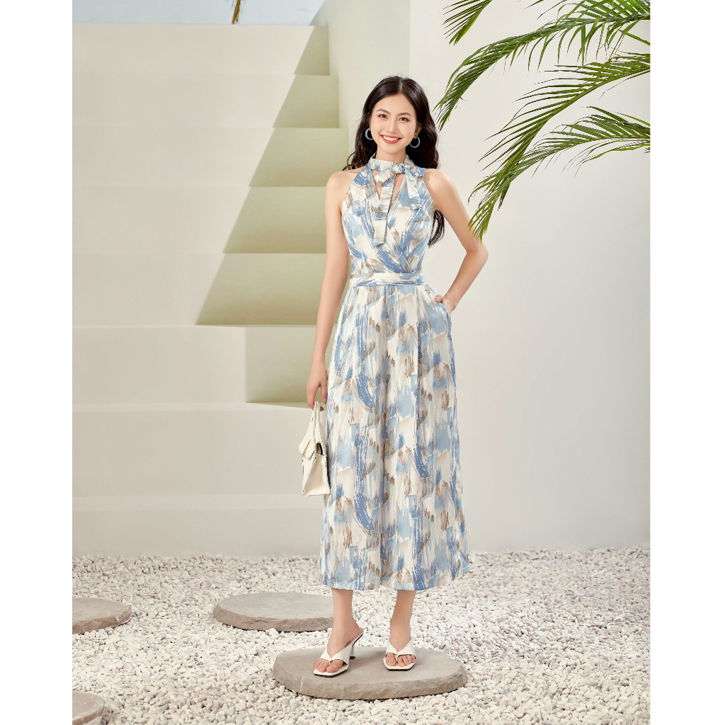 Váy jump 2 dây buộc cổ xanh họa tiết sơn màu Lep' DS05V802448T1
