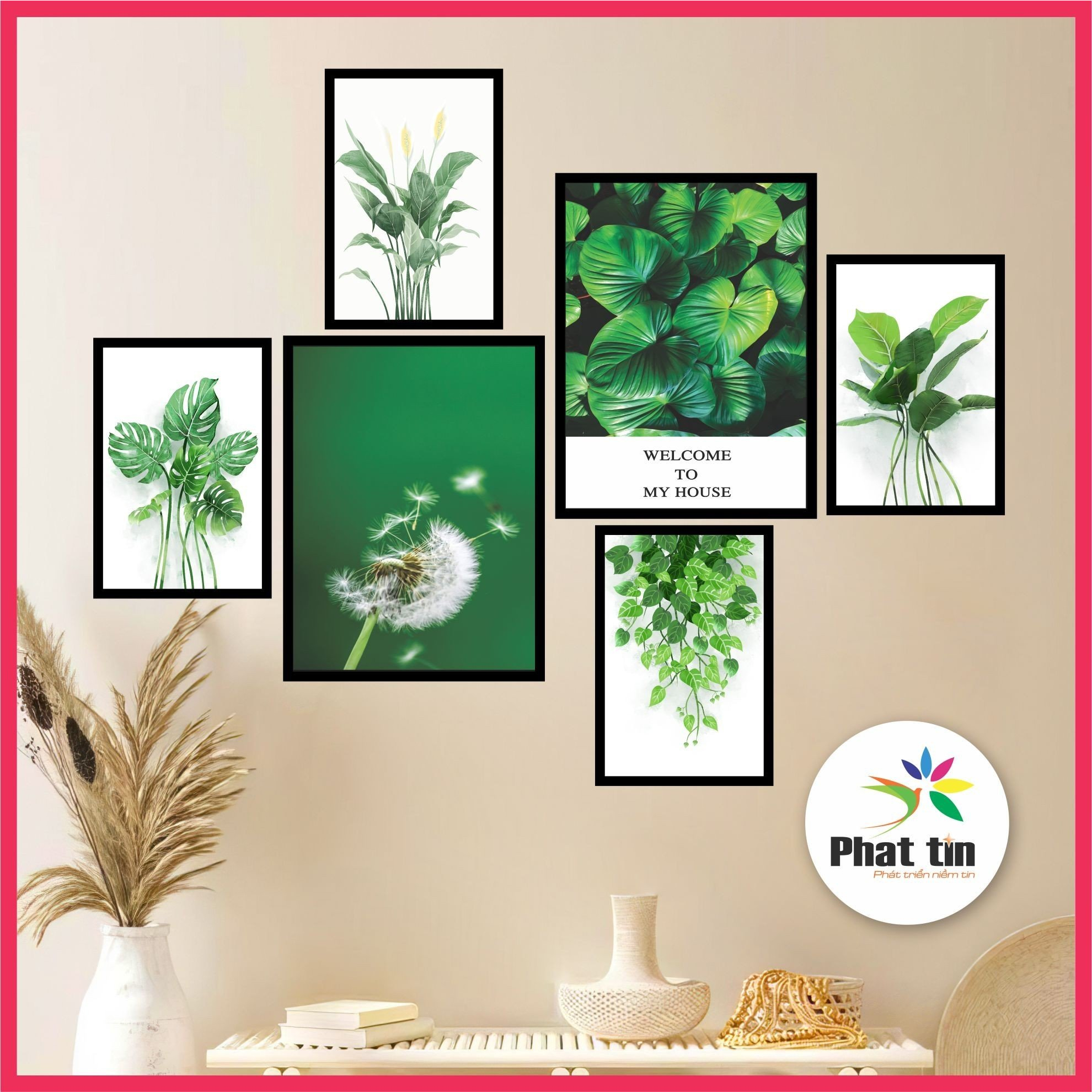 Bộ 6 bức tranh treo tường trang trí nhà cửa, decor phòng khách, tranh dán tường In Phát Tín, canvas, có sẵn keo dán.