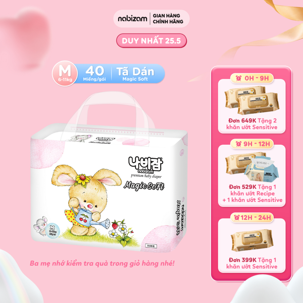 Tã/Bỉm Dán NABIZAM Magic Soft Nội Địa Hàn Cao Cấp Mềm Mại, Mỏng, Thoáng Khí Hiệu Quả Size M Cho Bé 6-11kg, 40 Miếng/Bịch