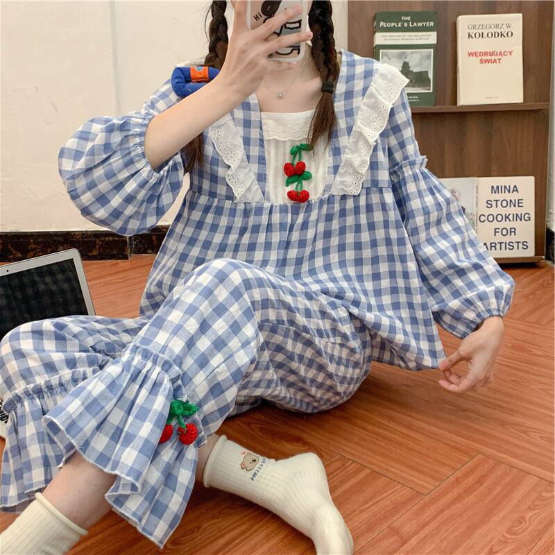 Đồ Bộ Nữ Mặc Nhà Tiểu Thư Caro tay phồng phối ren Quảng Châu ULZZANG