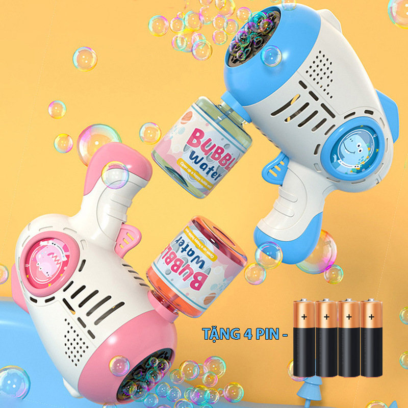 Súng bắn bong bóng DINO có đèn LED Tặng 4 Pin + 1 Lọ nước + 1 tuốc nơ vít, không bị chảy nước, bằng nhựa ABS an toàn