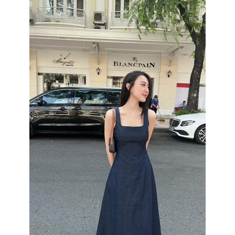 Đầm hai dây jean cúp ngực dáng dài xoè có độ giãn nhẹ