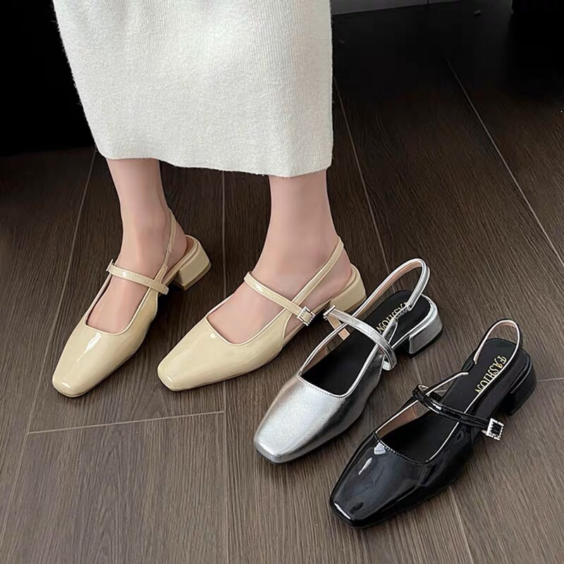 Giày sandal nữ quai ngang hở gót da bóng đế vuông cao 3cm