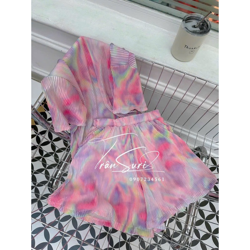 Sét bộ đùi thời trang nữ mặc đi chơi chất thun gân in hình dễ thương áo fom rộng mix quần short