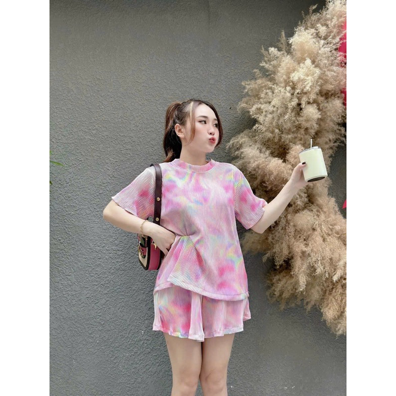 Sét bộ đùi thời trang nữ mặc đi chơi chất thun gân in hình dễ thương áo fom rộng mix quần short