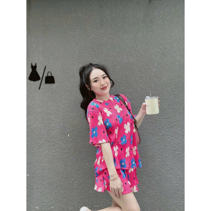 Sét bộ đùi thời trang nữ mặc đi chơi chất thun gân in hình dễ thương áo fom rộng mix quần short