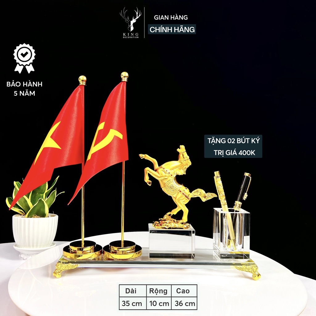 Hộp Đựng Bút Doanh Nhân Mã Đáo Thành Công 2 Cờ, Chất Liệu Đồng Mạ Vàng và Pha Lê K9, Hộp Bút Để Bàn, Quà Tặng Sếp