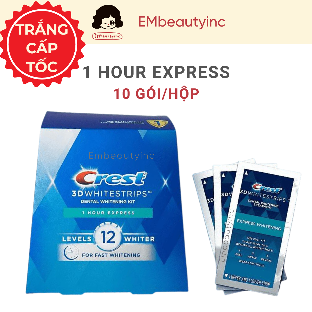 Hộp Full Miếng dán trắng răng Crest 1 Hour Express cho răng khỏe