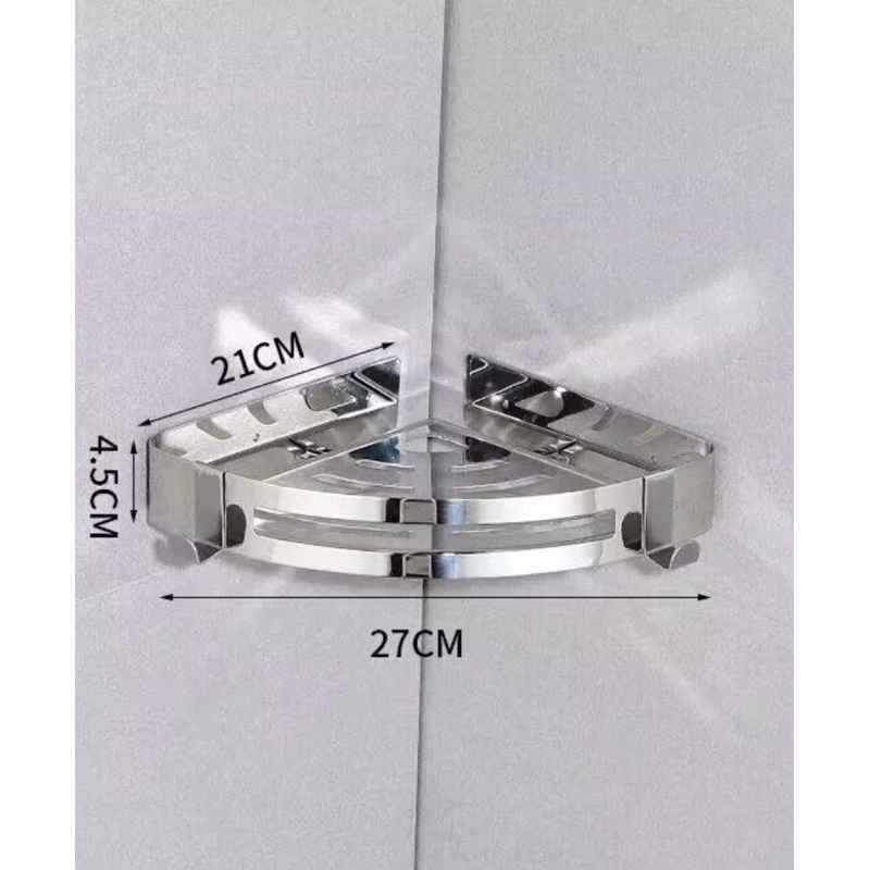 Kệ góc 1 tầng inox sus 304 để đồ phòng tắm, phòng bếp (kèm miếng dán hoặc keo dán không phải khoan tường) nan dẹt