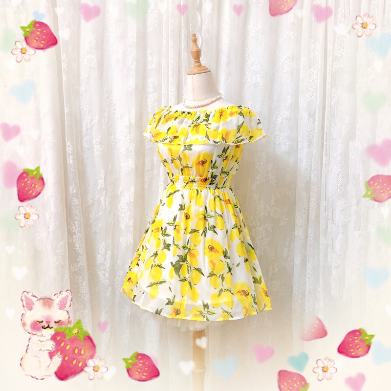 Đầm voan Nhật Newlyme bẹt vai in hình chanh vàng 🍋