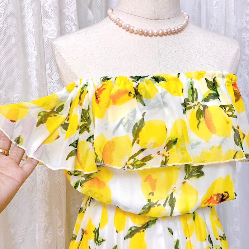 Đầm voan Nhật Newlyme bẹt vai in hình chanh vàng 🍋