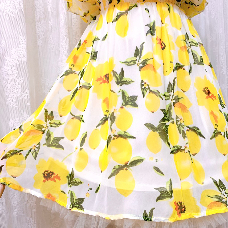 Đầm voan Nhật Newlyme bẹt vai in hình chanh vàng 🍋