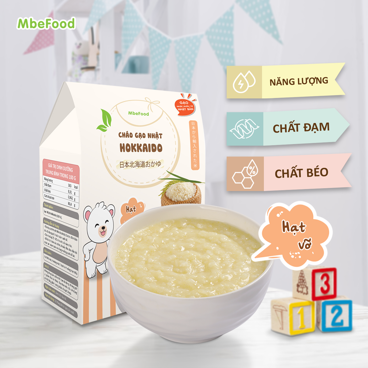 Cháo hạt vỡ cho bé ăn dặm MbeFood Cháo gạo Nhật Hokkaido