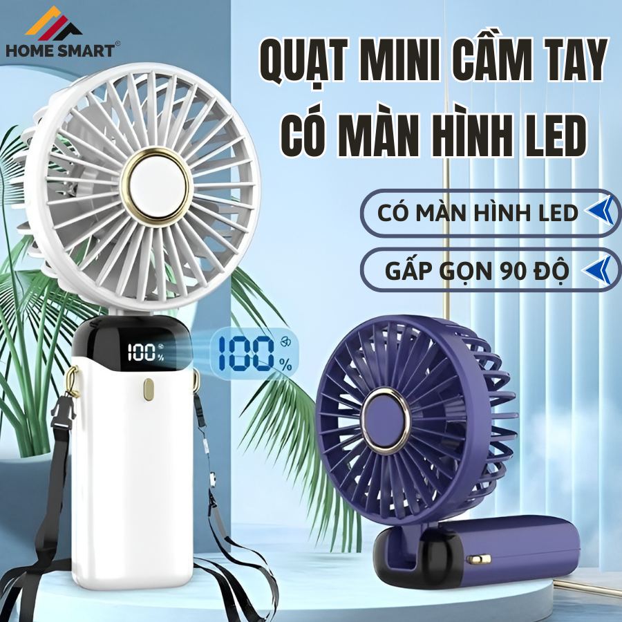 Quạt mini cầm tay tích điện gấp gọn 5 tốc độ gió xoay linh hoạt 90 độ có dây đeo cổ pin lớn 10.000mAh QMN11