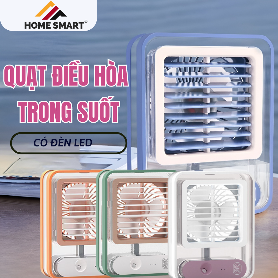 Quạt điều hoà mini để bàn, quạt phun sương sạc tích điện trong suốt 3 cấp độ gió dung tích bình 300ml, bảo hành 12 tháng
