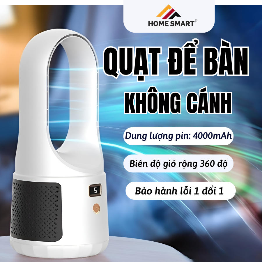 Quạt điện không lá, quạt tích điện không cánh để bàn sạc USB 6 chế độ màn hình LED đa chức năng, bảo hành 12 tháng