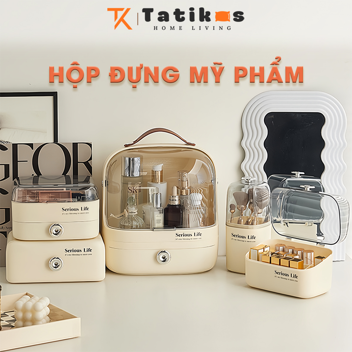 Hộp Đựng Mỹ Phẩm Có Nắp Trong Suốt Có Quai Xách Hộp Đựng Son Hộp Đựng Cọ Tủ Mỹ Phẩm Đa Năng - Tatikos