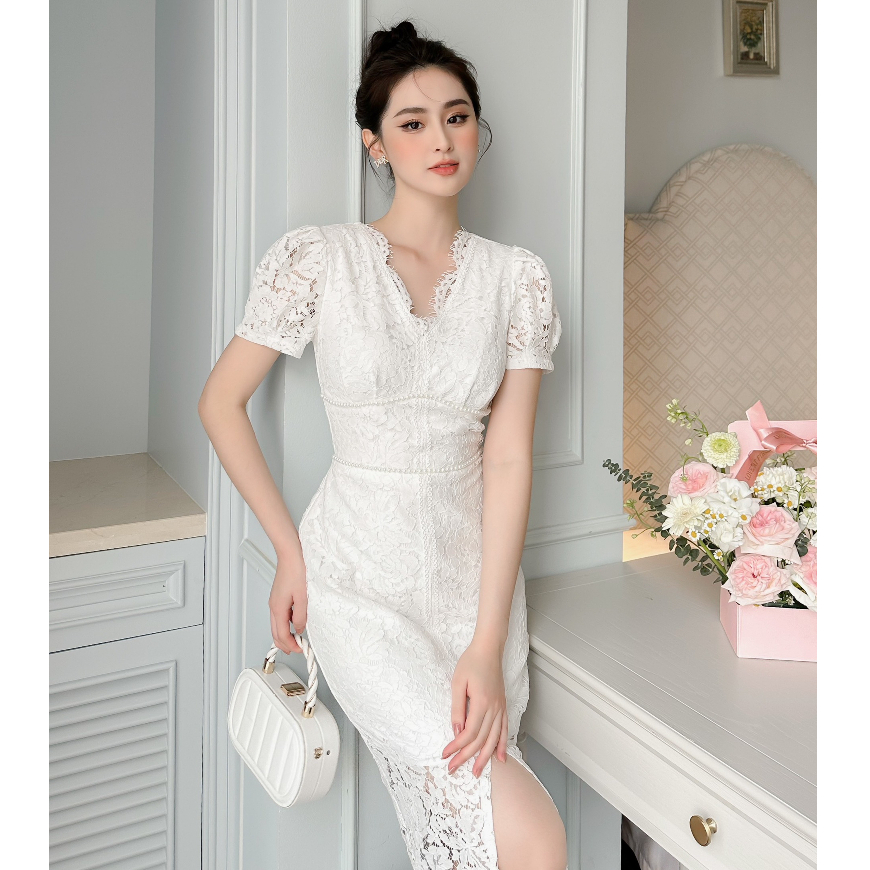 Đầm váy nữ cổ V tay ngắn ren xẻ dáng midi ren xẻ tà thời trang thiết kế đi dự tiệc cưới sự kiện dạ hội sang chảnh LEVAN