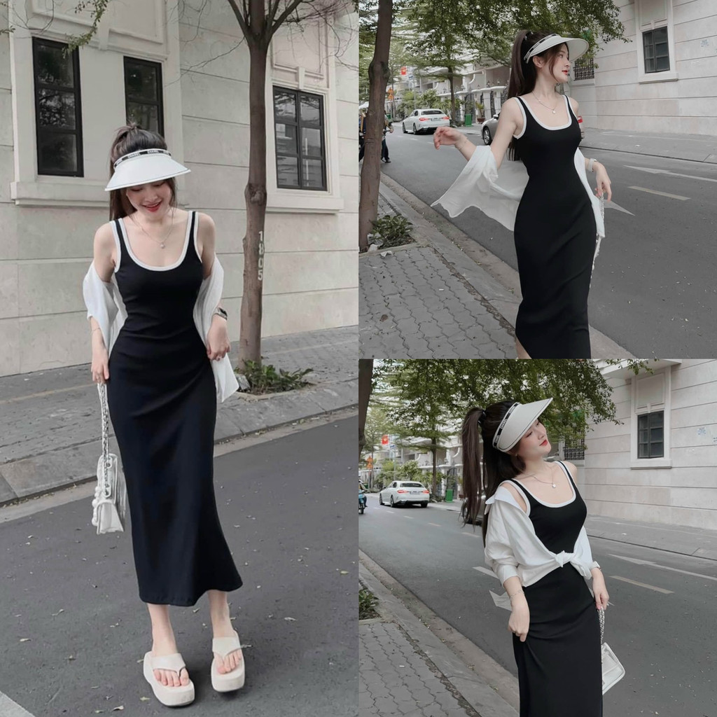 Set váy đi biển váy ba lỗ body đuôi cá cổ vuông họa tiết phối viền dáng thân dài kèm khoác lụa tơ sang chảnh, quý phái