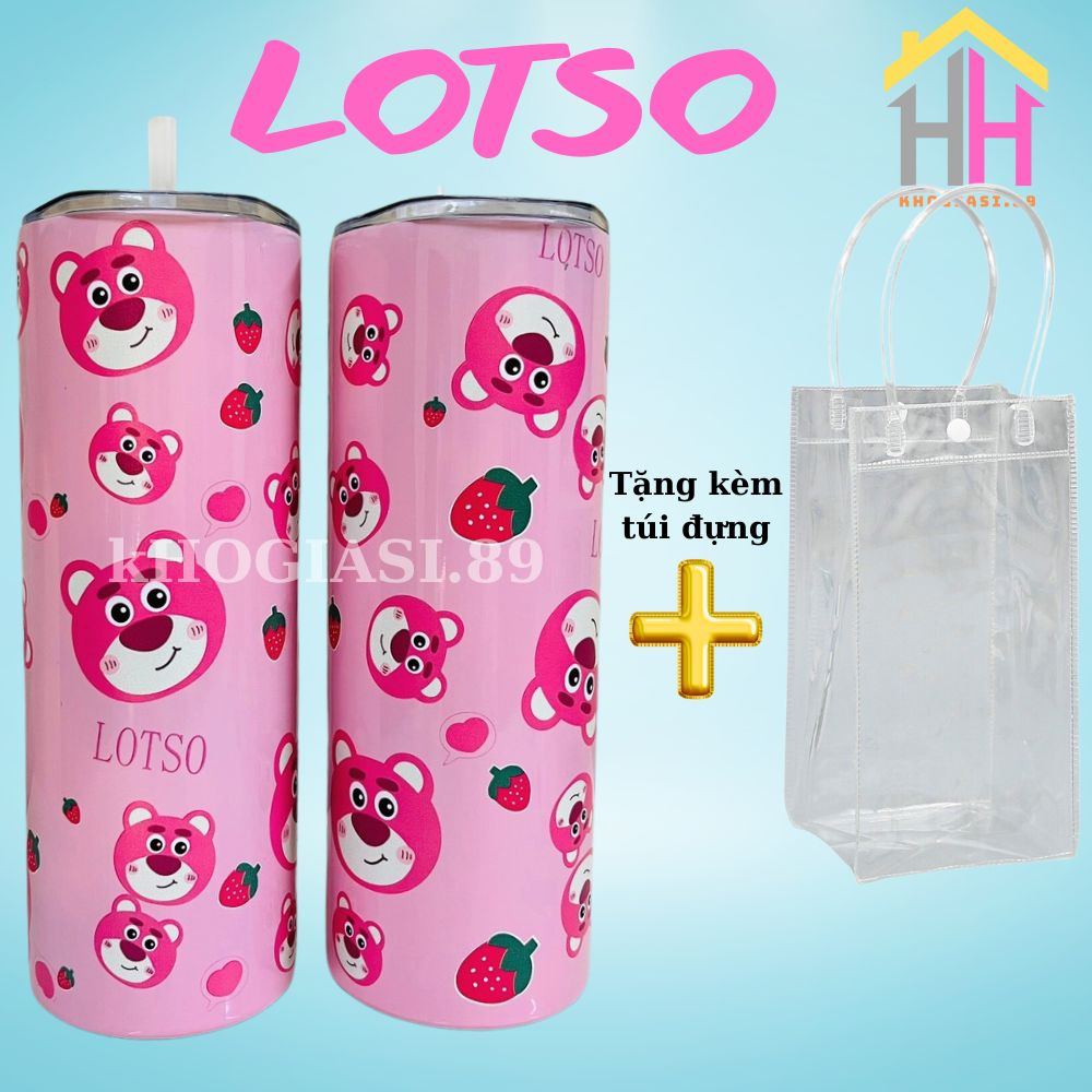 Bình Giữ Nhiệt Gấu Dâu LOTSO dung tích 600ml, chất liệu inox 304 cao cấp, tặng kèm túi đựng và ống hút