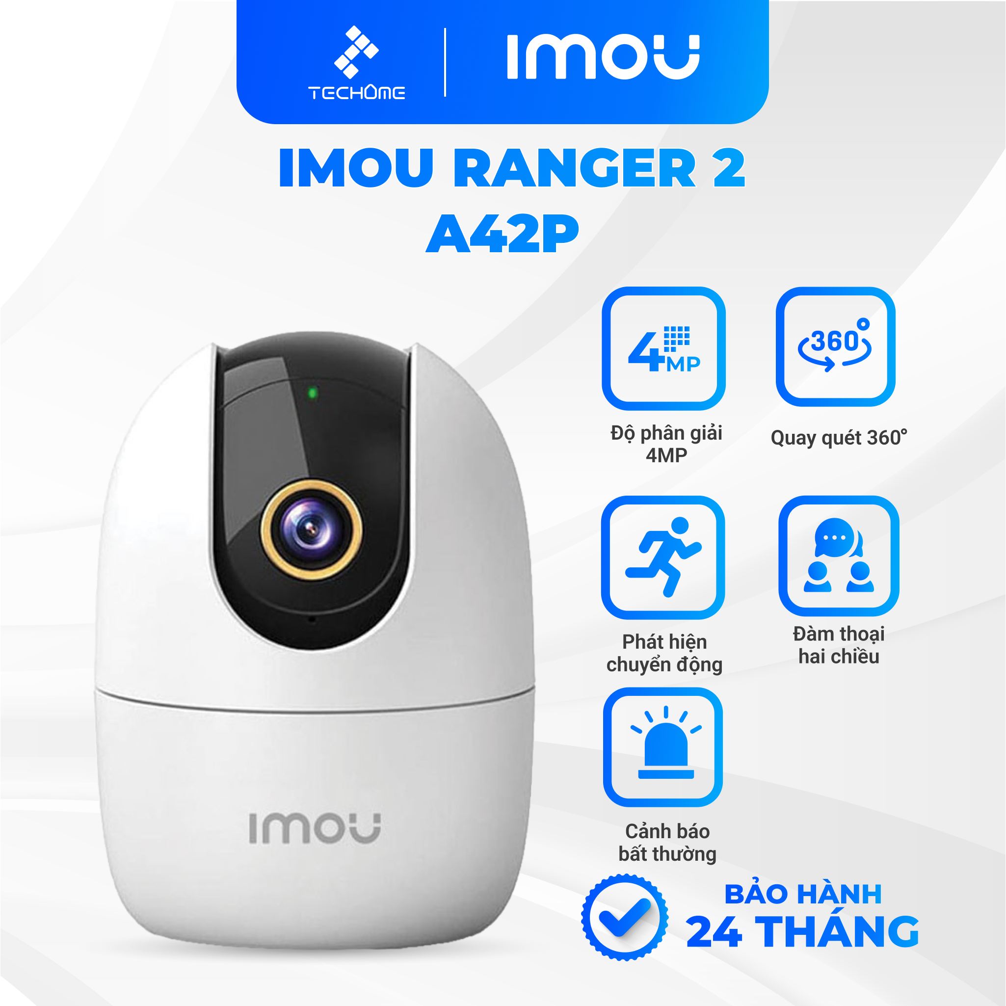 Camera Wifi Imou Ranger 2 A42P 4MP dùng trong nhà đàm thoại hai chiều, xoay 360 độ, cảnh báo thông minh - Techome