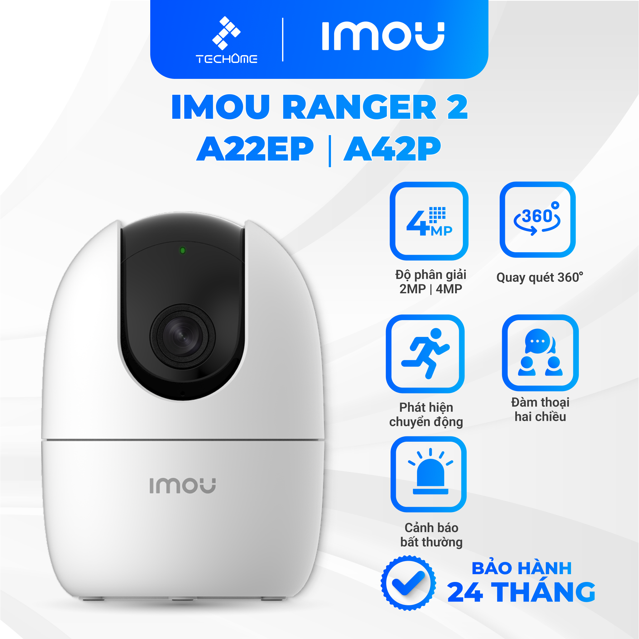 Camera IP Wifi 2MP Imou Ranger 2 A22EP/A32P/A42P dùng trong nhà xoay 360 độ đàm thoại hai chiều, BH 2 năm- TECHOME