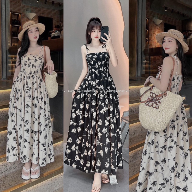 Váy Maxi Hoa Chun Ngực Buộc Dây Hot Hit 2 Màu, Đầm Nữ Maxi Dáng Dài Có Ảnh Thật ( Váy dài 1,2m)