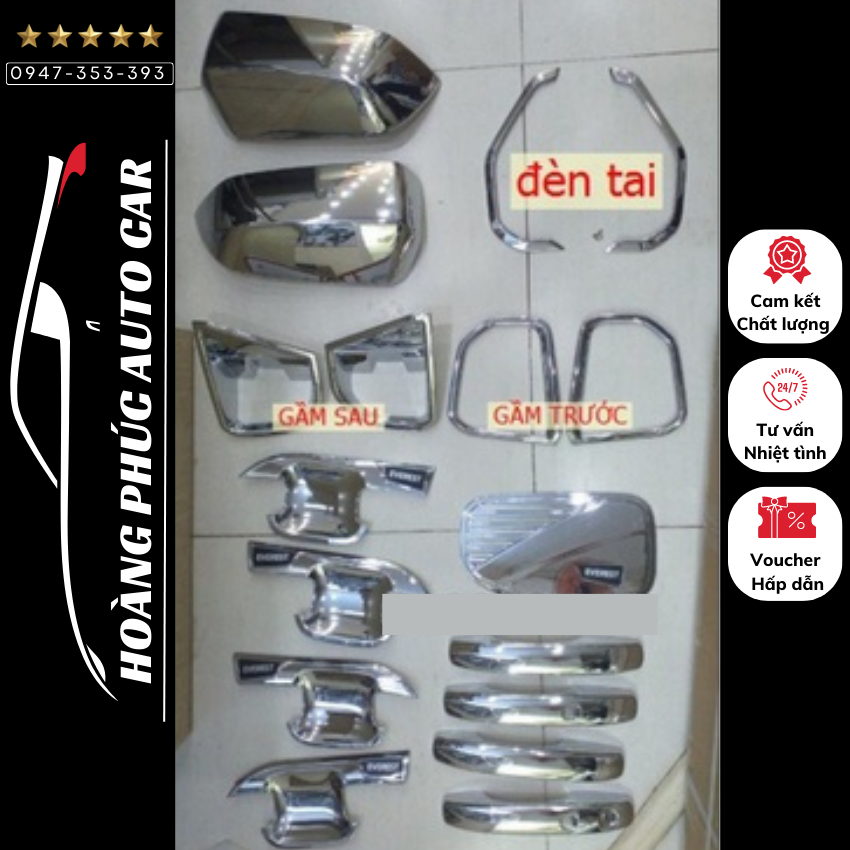 Ốp tay nắm, hõm cửa, ốp gương, đèn tai, viền gầm trước sau xe Ford Everest 2023 mạ crom cao cấp