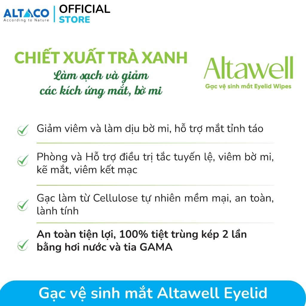 Gạc vệ sinh mắt Altawell Eyelid Làm sạch và giảm các kích ứng mắt, bờ mi với chiết xuất trà xanh - Hộp 20 gói
