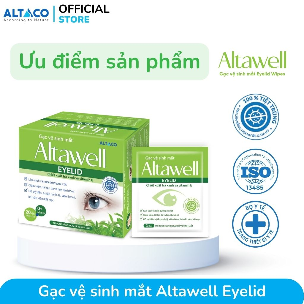 Gạc vệ sinh mắt Altawell Eyelid Làm sạch và giảm các kích ứng mắt, bờ mi với chiết xuất trà xanh - Hộp 20 gói