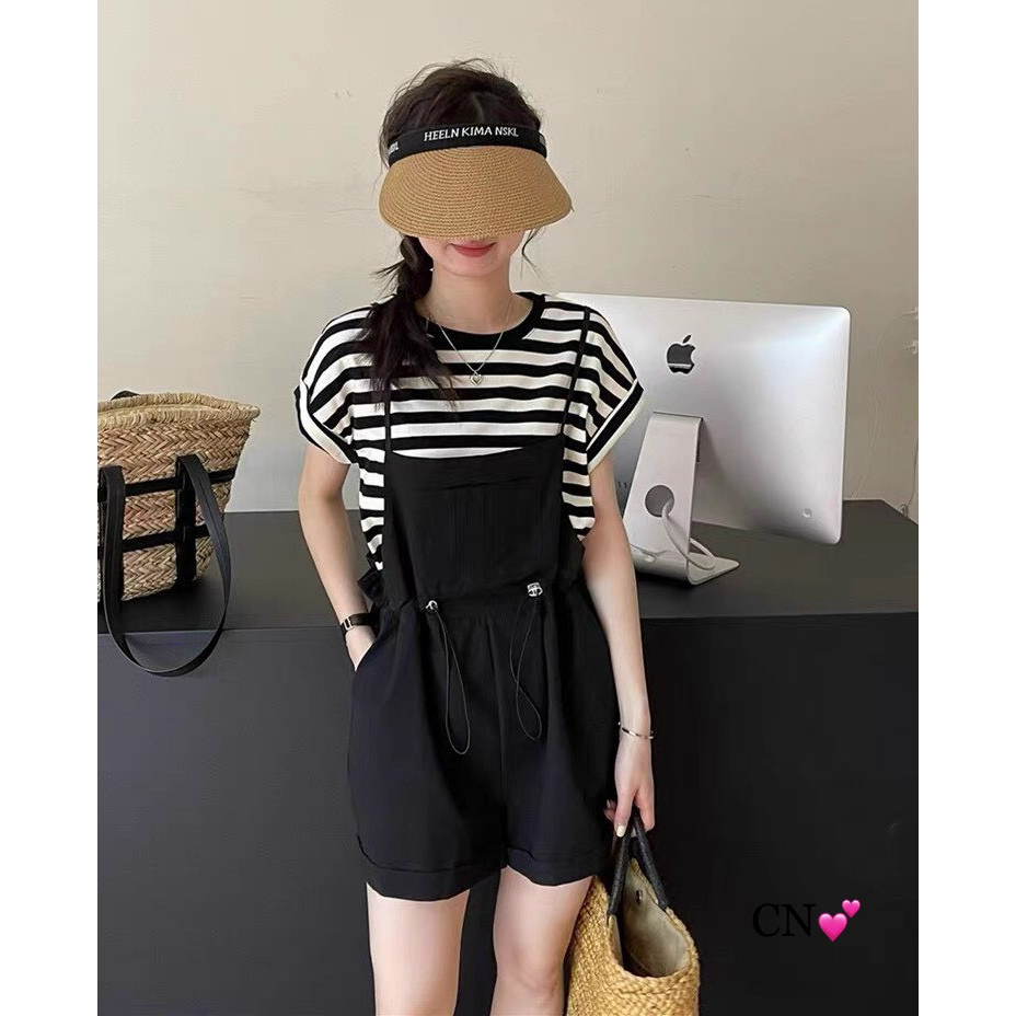 Set quần yếm thô kèm áo kẻ Hàng QC