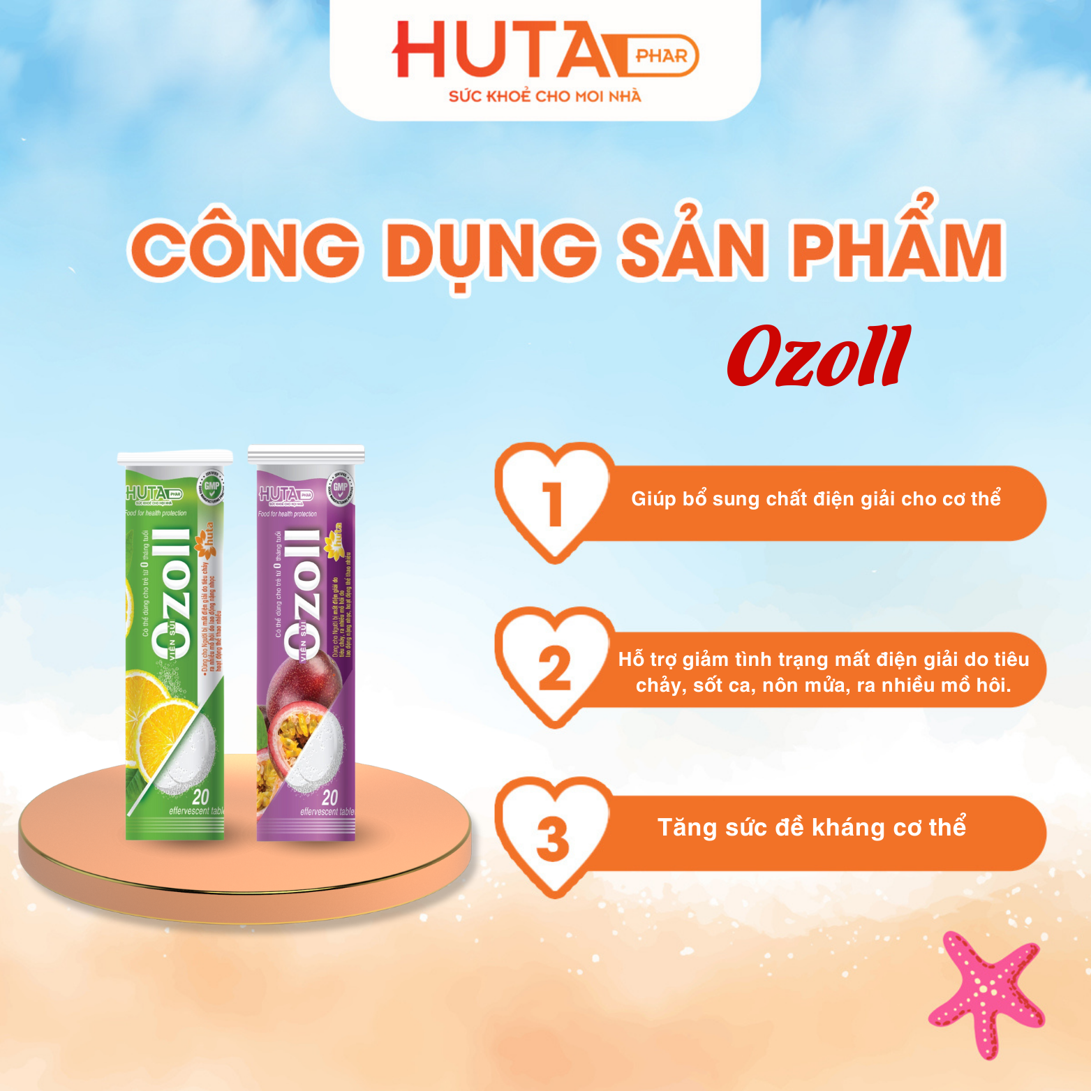 Viên sủi Ozoll HUTA PHAR  giúp bổ sung chất điện giải cho cơ thể.