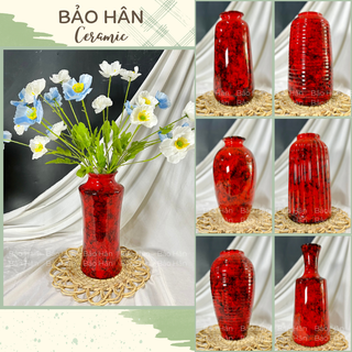 Bình hoa vân đá xích diễm, lọ cắm hoa màu đỏ decor đẹp gốm sứ bát tràng
