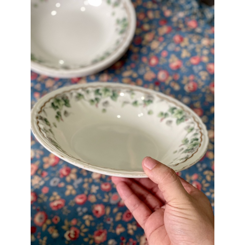 Gốm nhật - Dĩa narumi hoạ tiết dây nho rất xinh, viền hơi phai, size 21cm