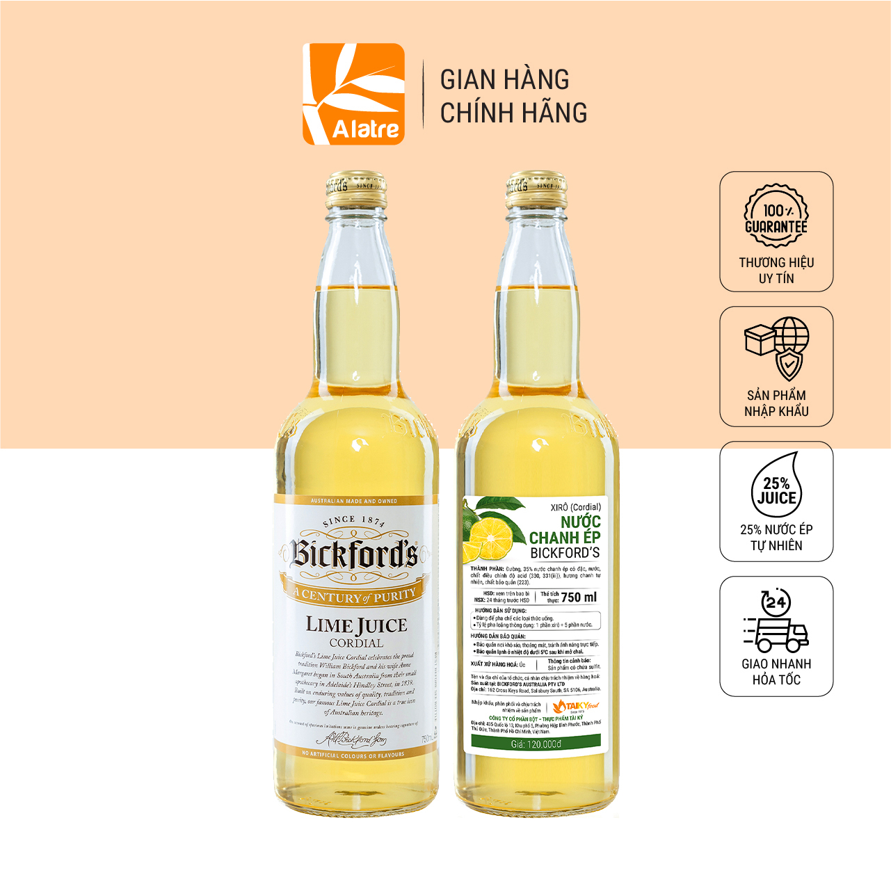 Siro Bickford's Nước Ép Chanh | Thể Tích Khủng 750ml | Nhập Úc!